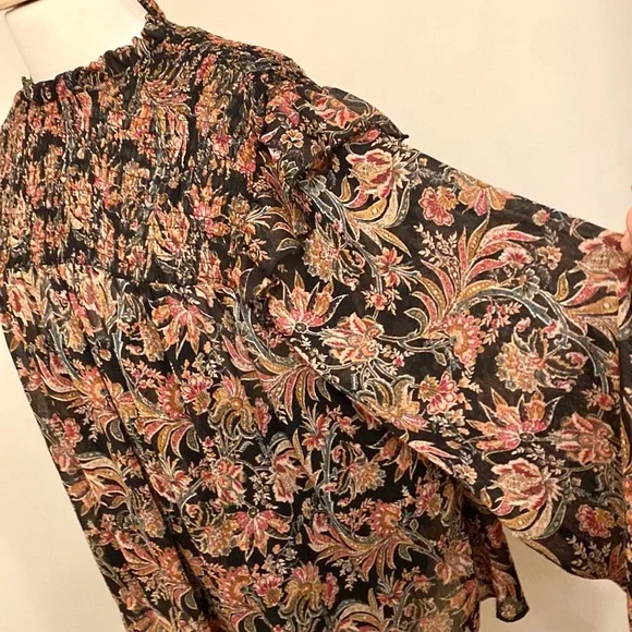 Ophelia Roe Black Red Green Floral Smocked Balloon Sleeve Ruffled Hem Top SZ 3X - Picture 6 of 15